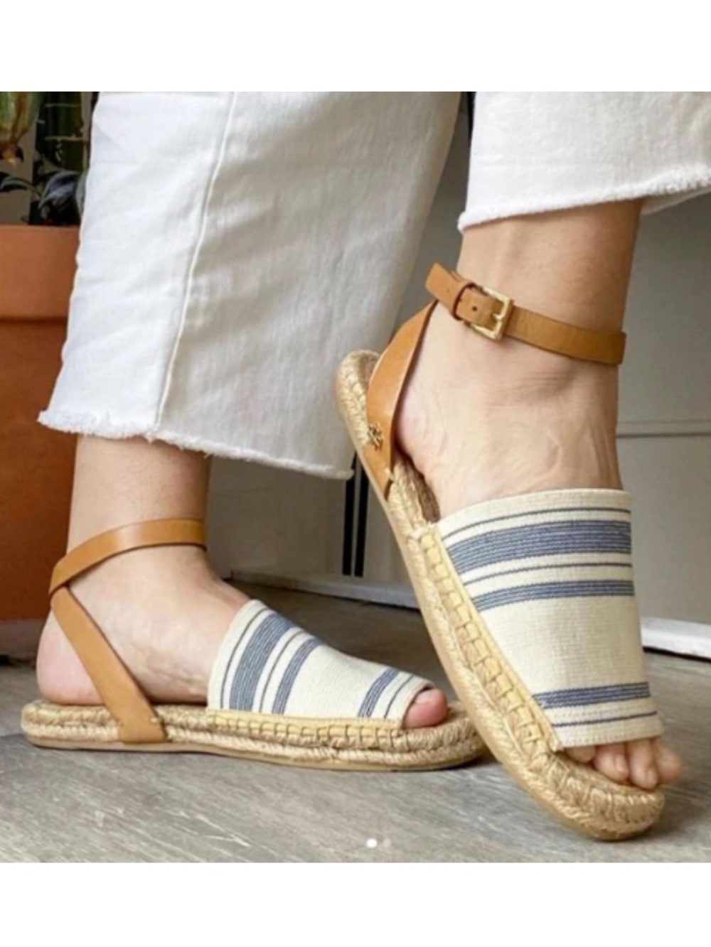Tory Burch Awning Stripe Stretch Espadrille Sandals Ivory Blue Leather Size 8